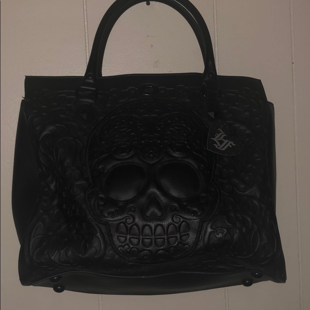 Black leather Loungfly sugar skull large handbag